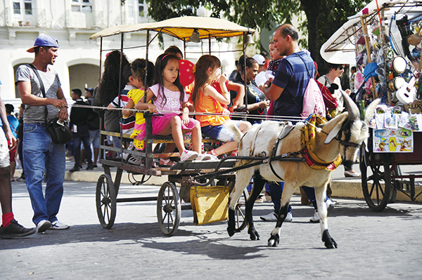 조랑말이 끄는 마차를 타고 산타클라라 광장을 관람하는 아이들