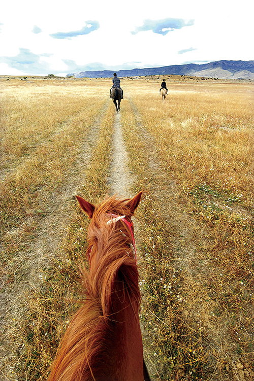 말을 타고 초원을 지나고 있다