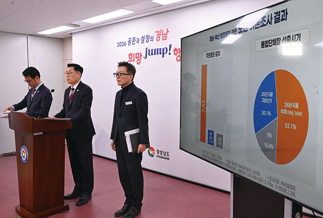 도청 프레스센터에서 김기영 경남도 기획조정실장이 경남·부산 행정통합 여론 조사 결과를 발표하고 있다